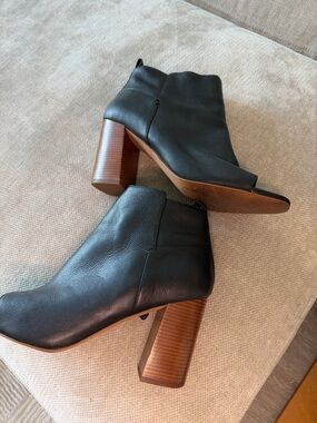 Black Leather Open Toe Ankle Boot with Wood-look Heel - Women